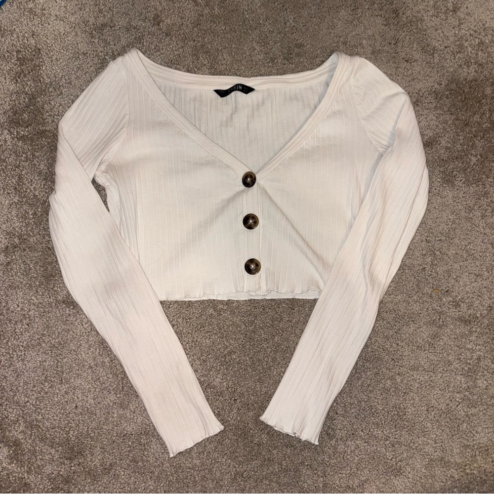 SHEIN Cream Button-Up Ribbed Crop Top